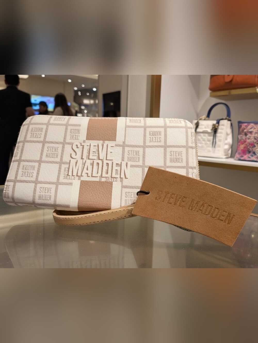Steve Madden Tan and White Logo Wristlet